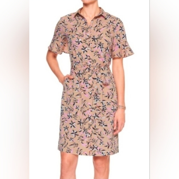 Banana Republic Dresses & Skirts - Banana Republic Beige Floral Belted Midi Shirt Dress Size 8 (6222)